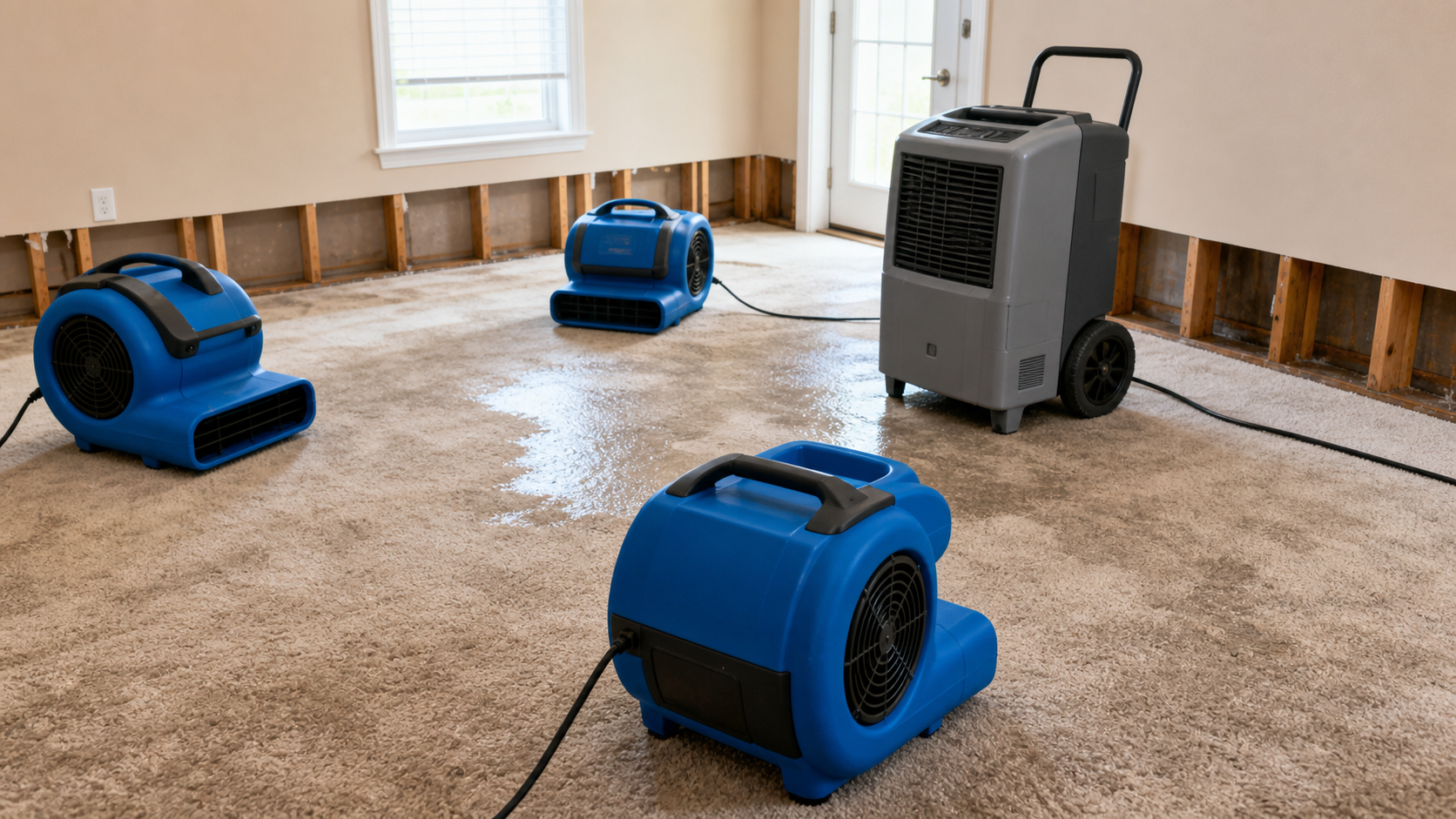 Standing water and drying equipment after residential water damage